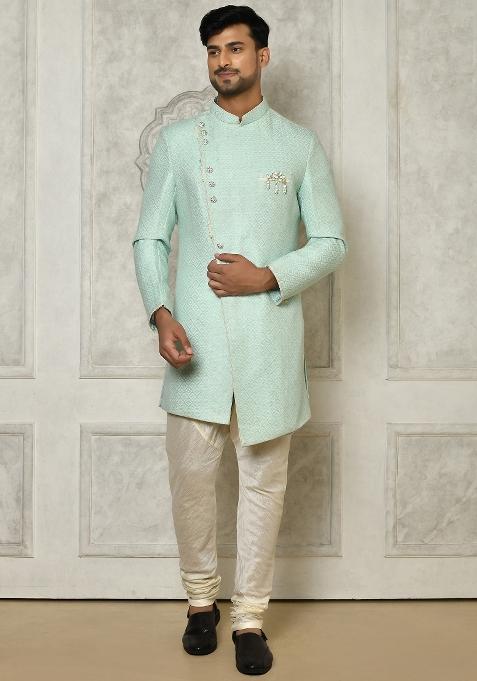 Mint Green Embroidered Jacquard Indo Western Sherwani Set For Men