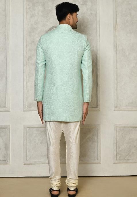 Mint Green Embroidered Jacquard Indo Western Sherwani Set For Men