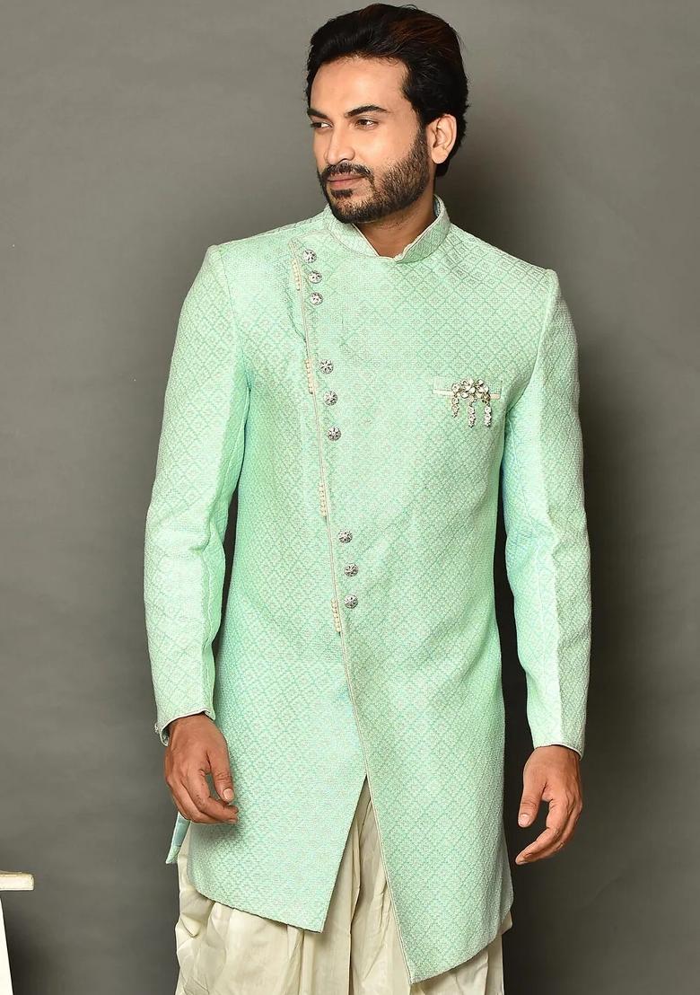 Mint Green Embroidered Jacquard Indo Western Sherwani Set For Men