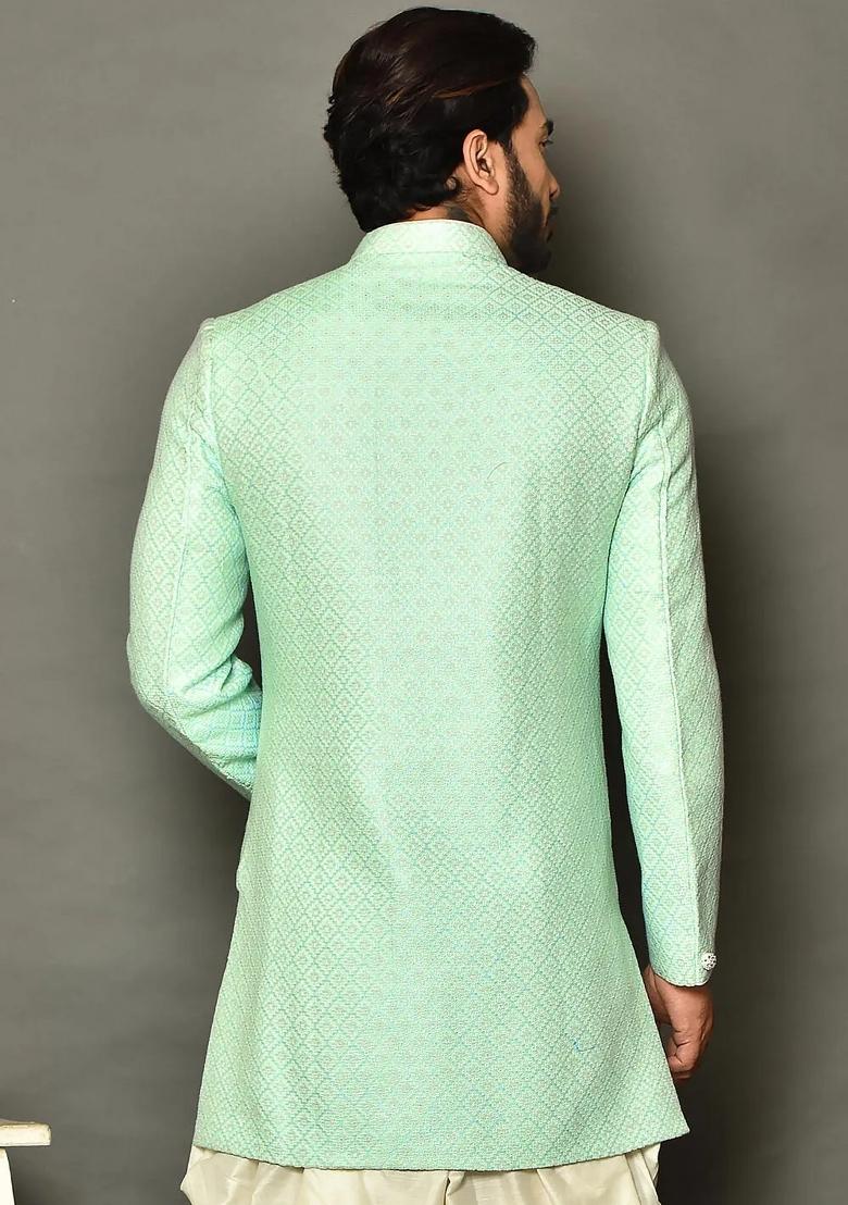 Mint Green Embroidered Jacquard Indo Western Sherwani Set For Men
