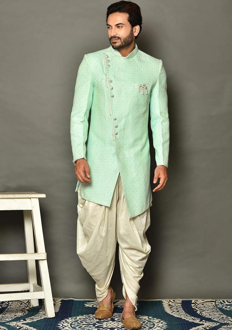 Mint Green Embroidered Jacquard Indo Western Sherwani Set For Men