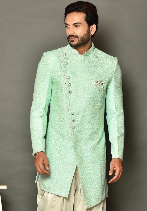 Mint Green Embroidered Jacquard Indo Western Sherwani Set For Men