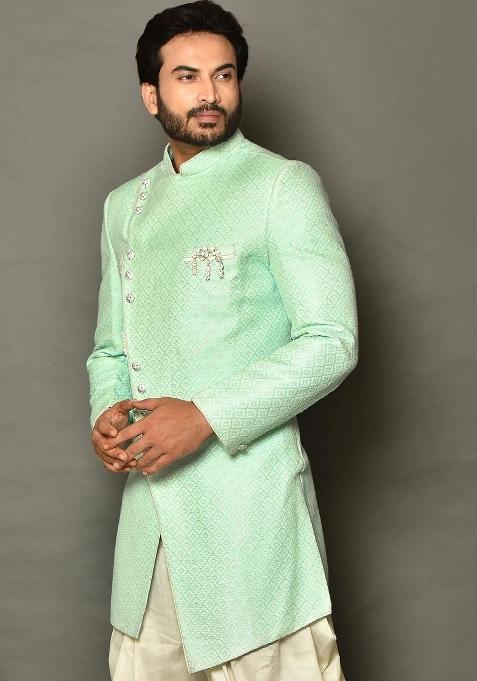 Mint Green Embroidered Jacquard Indo Western Sherwani Set For Men