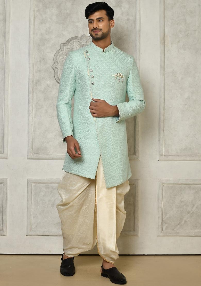 Mint Green Embroidered Jacquard Indo Western Sherwani Set For Men