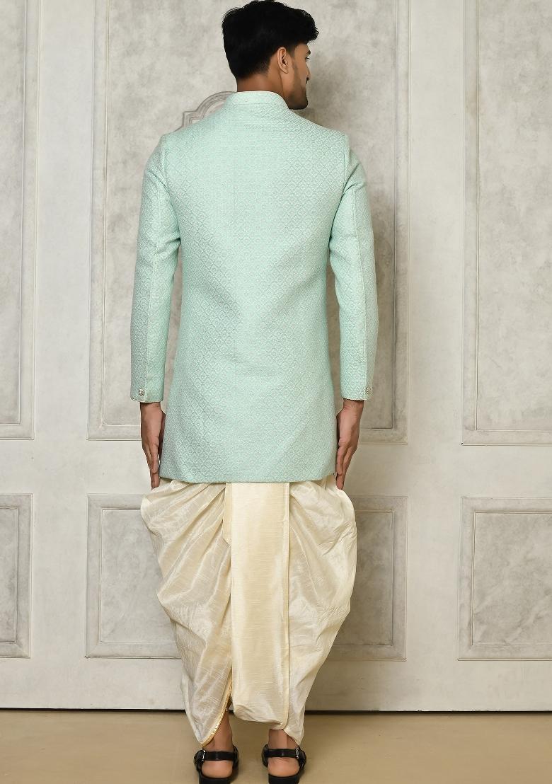 Mint Green Embroidered Jacquard Indo Western Sherwani Set For Men