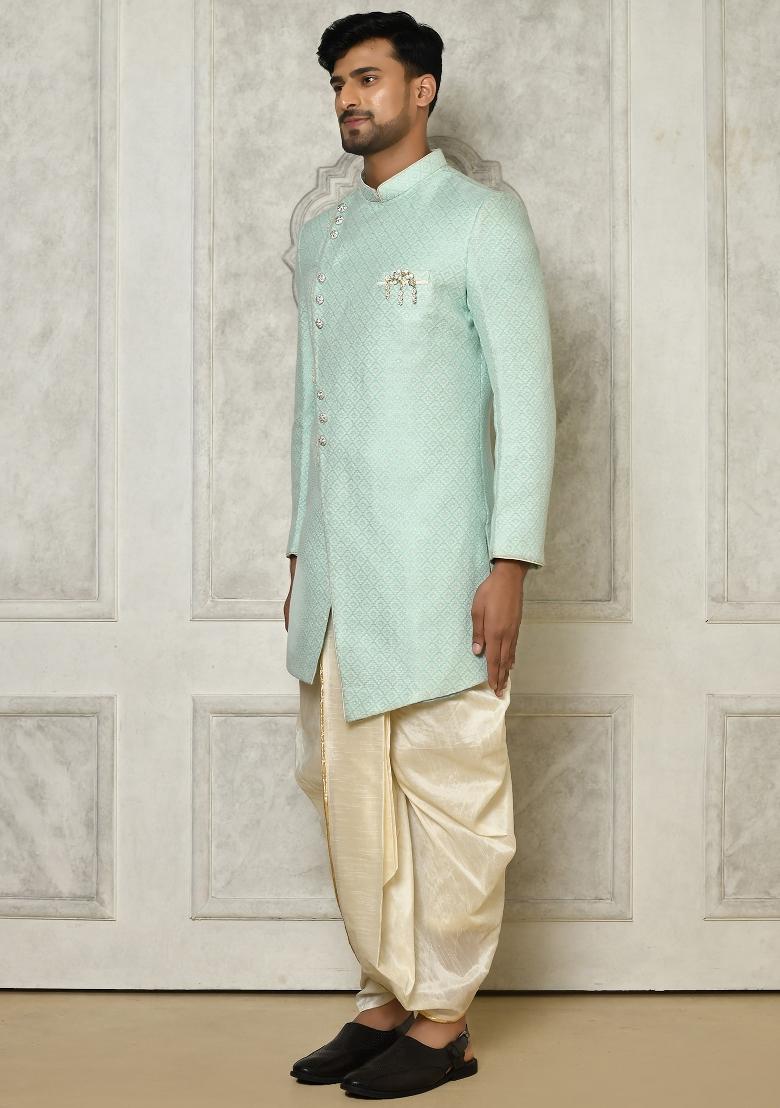 Mint Green Embroidered Jacquard Indo Western Sherwani Set For Men