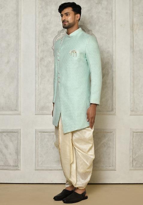 Mint Green Embroidered Jacquard Indo Western Sherwani Set For Men