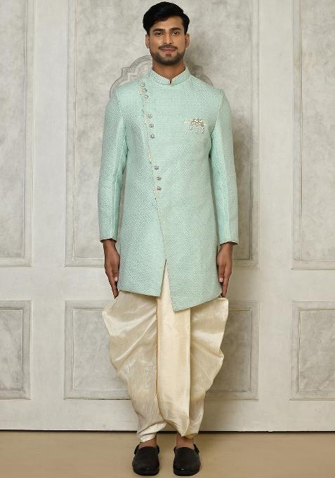 Mint Green Embroidered Jacquard Indo Western Sherwani Set For Men
