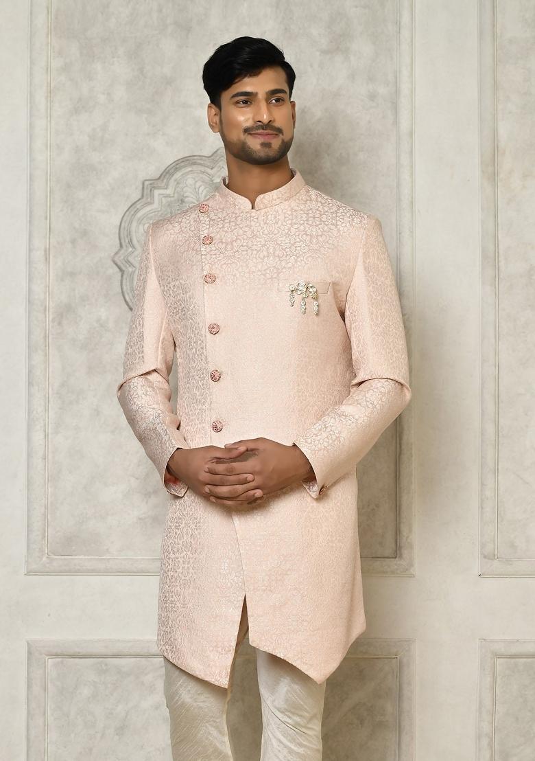 Rose Gold Embroidered Brocade Indo Western Sherwani For Men