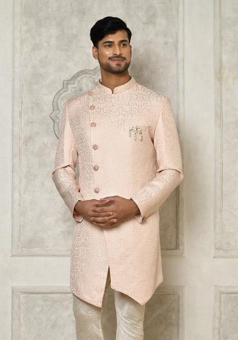 Rose Gold Embroidered Brocade Indo Western Sherwani For Men
