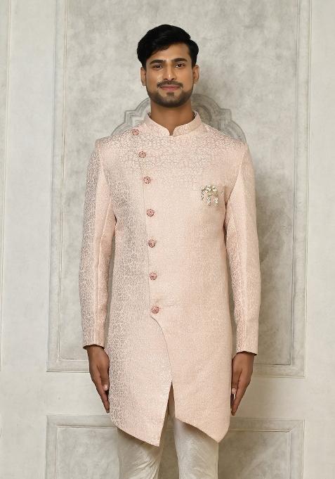 Rose Gold Embroidered Brocade Indo Western Sherwani For Men