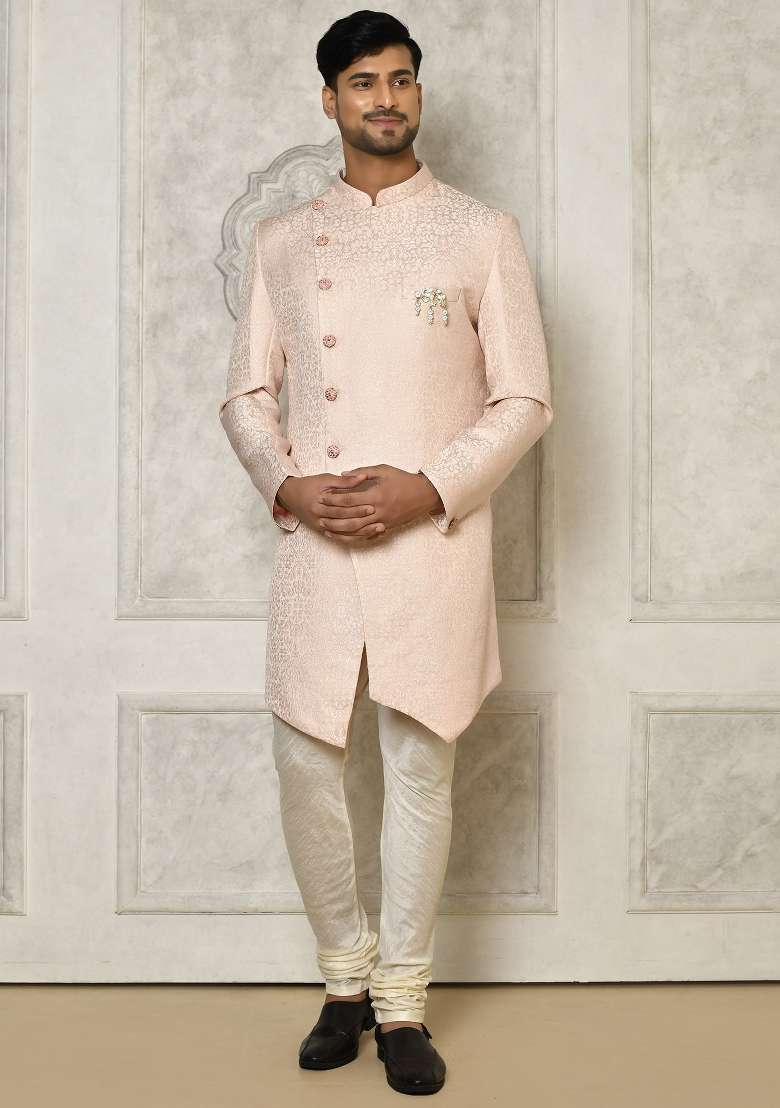 Rose Gold Embroidered Brocade Indo Western Sherwani Set For Men - Indya