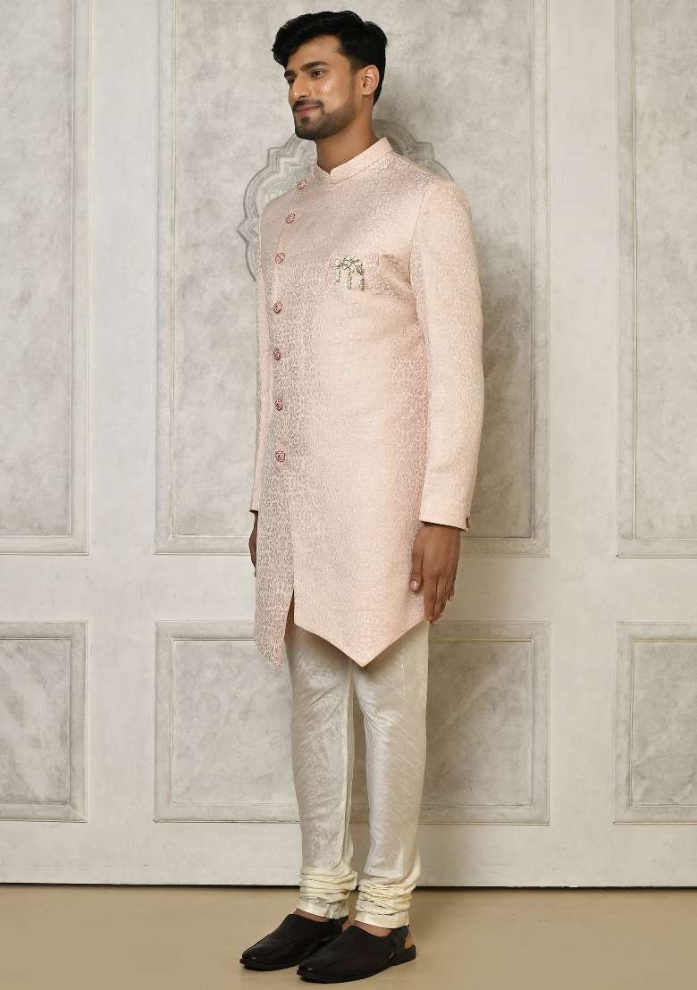 Rose Gold Embroidered Brocade Indo Western Sherwani Set For Men - Indya