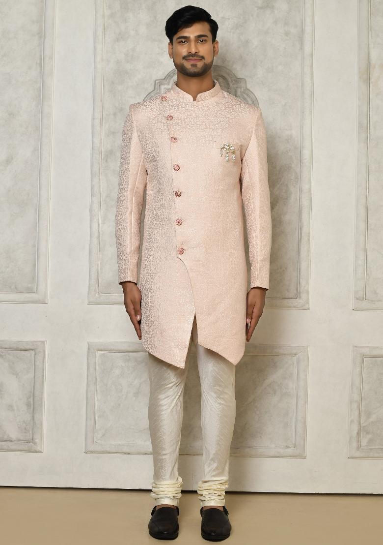 Rose Gold Embroidered Brocade Indo Western Sherwani Set For Men