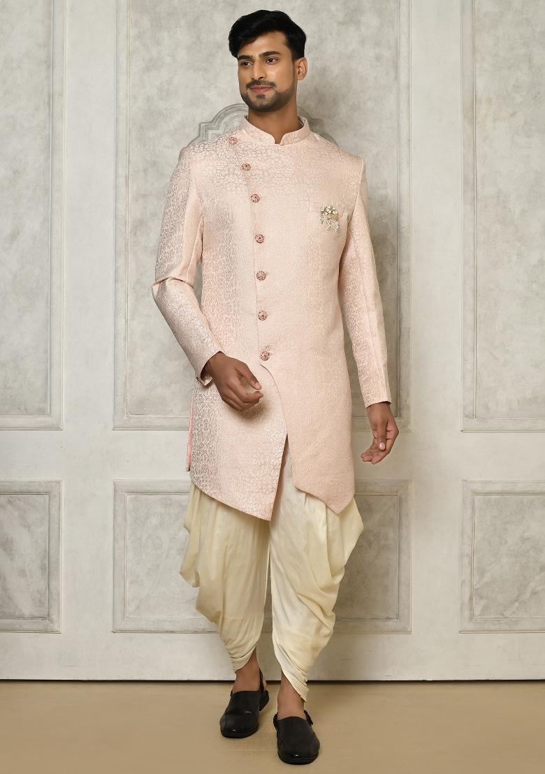 Rose Gold Embroidered Brocade Indo Western Sherwani Set For Men