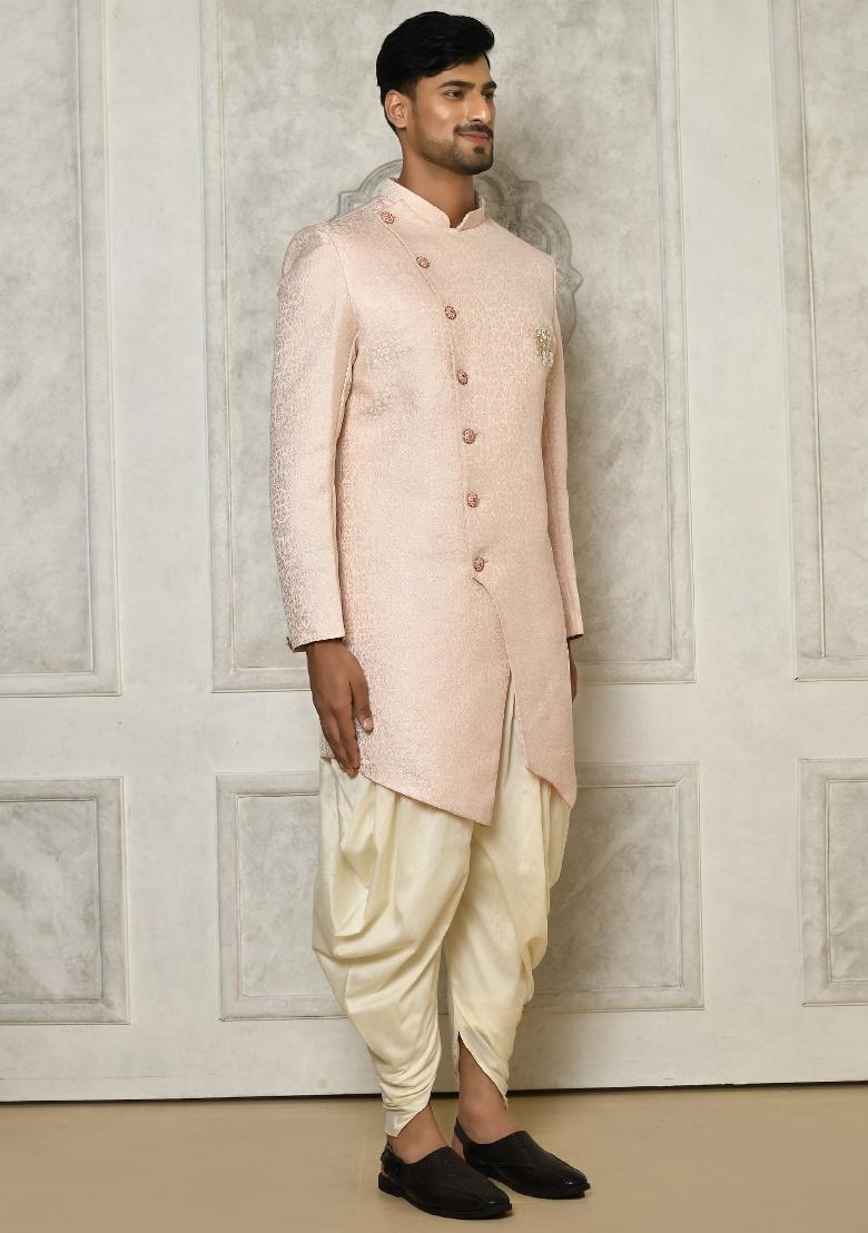 Rose Gold Embroidered Brocade Indo Western Sherwani Set For Men
