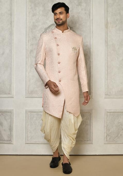 Rose Gold Embroidered Brocade Indo Western Sherwani Set For Men