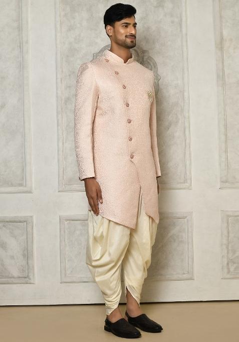 Rose Gold Embroidered Brocade Indo Western Sherwani Set For Men