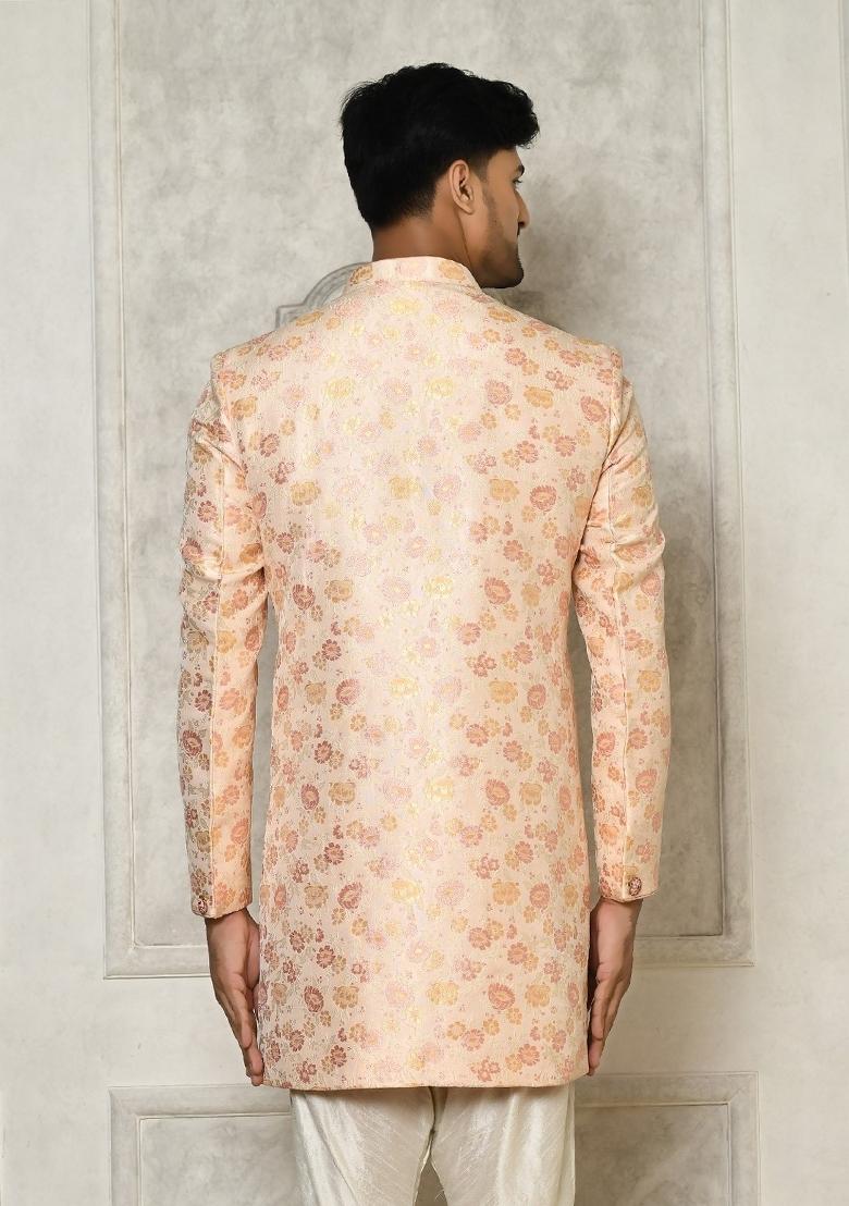 Baby Pink Embroidered Brocade Indo Western Sherwani For Men