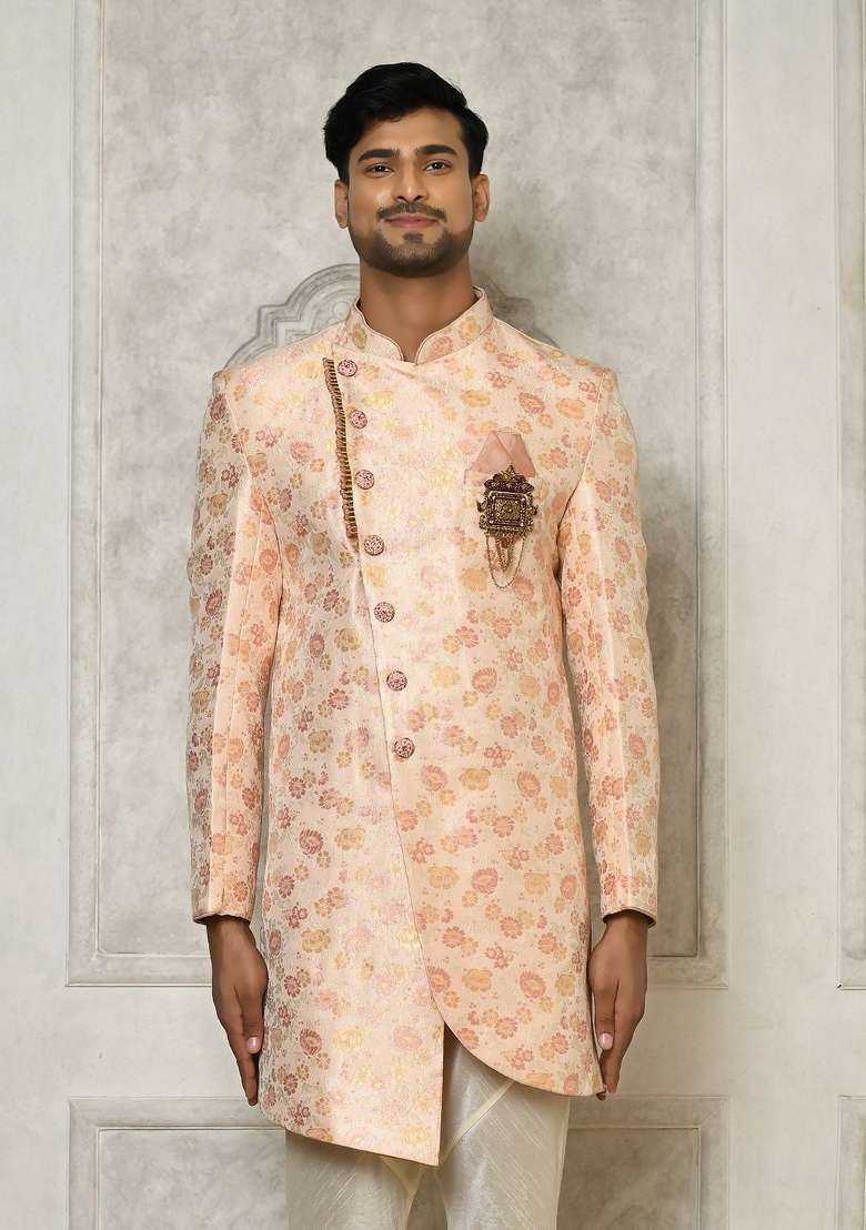 Baby Pink Embroidered Brocade Indo Western Sherwani For Men - Indya