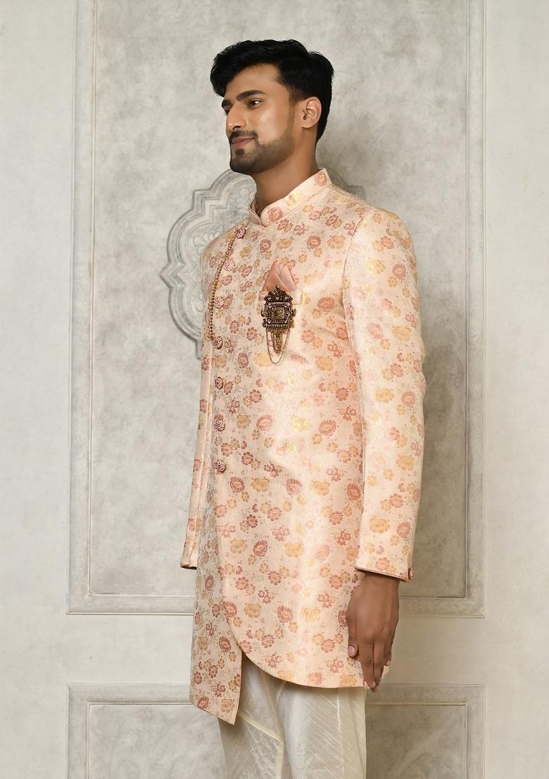 Baby Pink Embroidered Brocade Indo Western Sherwani For Men