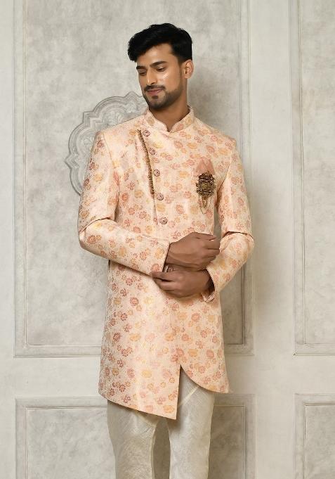 Baby Pink Embroidered Brocade Indo Western Sherwani For Men — view on Indya