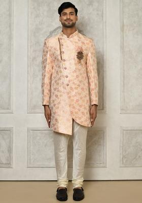 Baby Pink Embroidered Brocade Indo Western Sherwani Set For Men