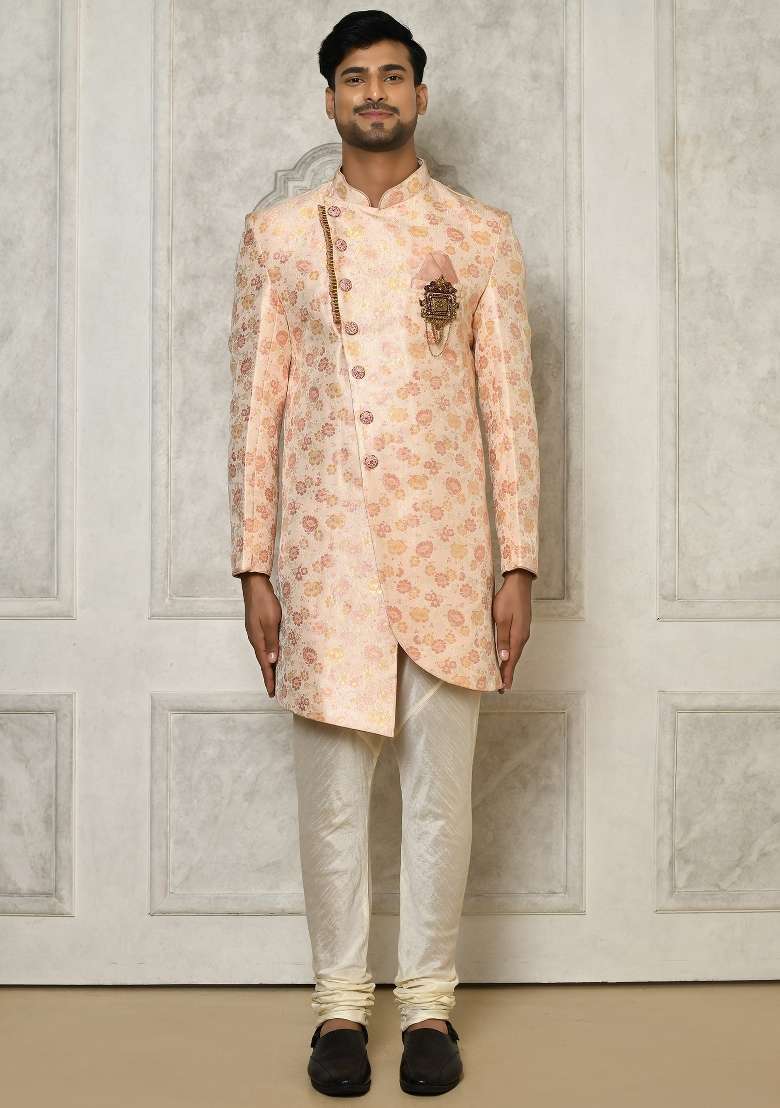 Baby Pink Embroidered Brocade Indo Western Sherwani Set For Men - Indya
