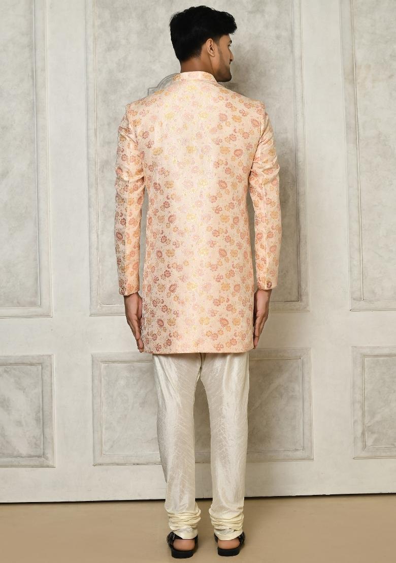 Baby Pink Embroidered Brocade Indo Western Sherwani Set For Men