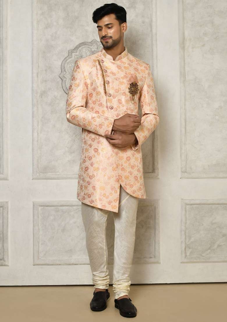 Baby Pink Embroidered Brocade Indo Western Sherwani Set For Men - Indya