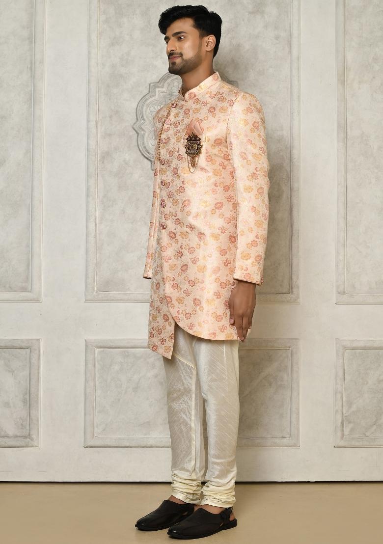 Baby Pink Embroidered Brocade Indo Western Sherwani Set For Men