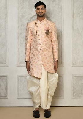 Baby Pink Embroidered Brocade Indo Western Sherwani Set For Men