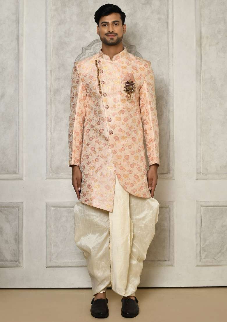 Baby Pink Embroidered Brocade Indo Western Sherwani Set For Men - Indya