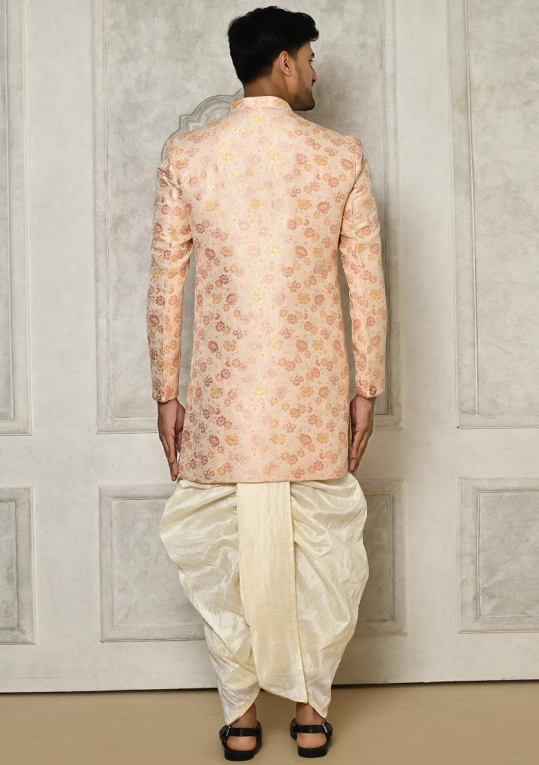 Baby Pink Embroidered Brocade Indo Western Sherwani Set For Men