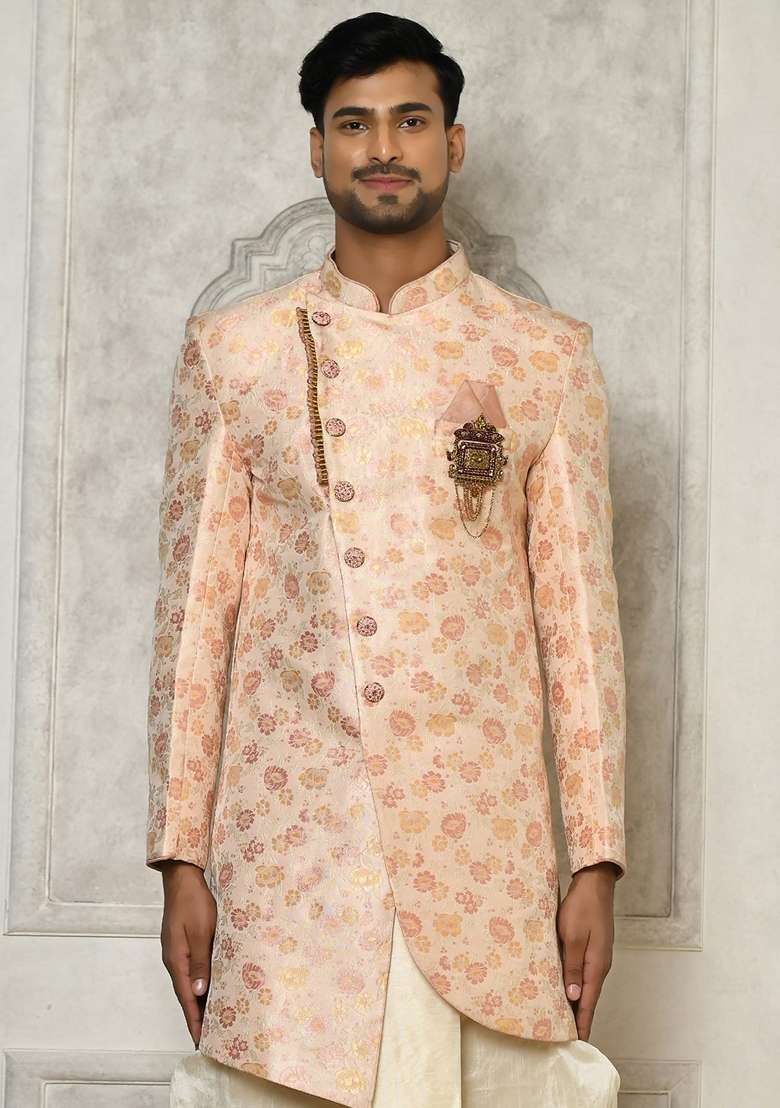 Baby Pink Embroidered Brocade Indo Western Sherwani Set For Men - Indya