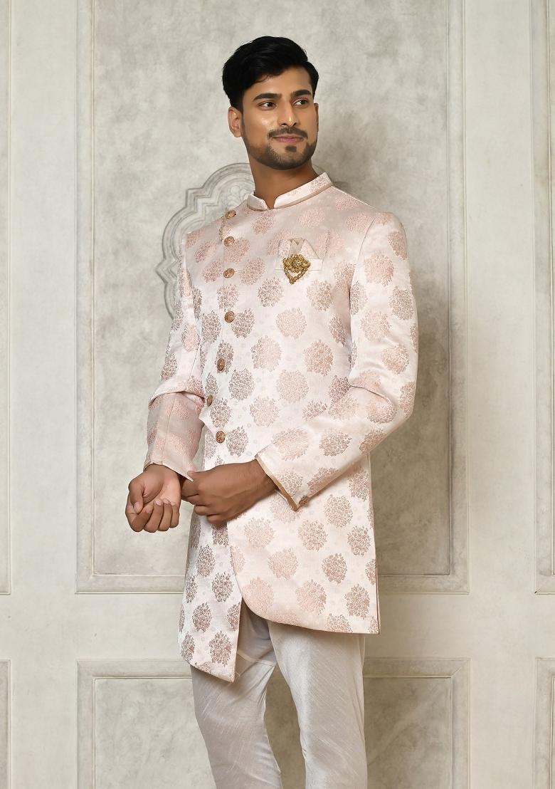 Rose Gold Embroidered Brocade Indo Western Sherwani For Men