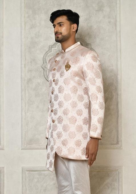 Rose Gold Embroidered Brocade Indo Western Sherwani For Men