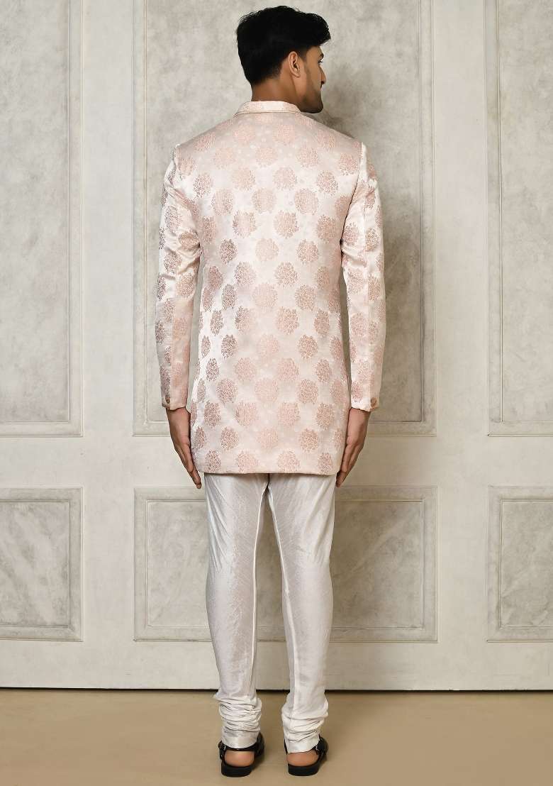 Rose Gold Embroidered Brocade Indo Western Sherwani Set For Men - Indya