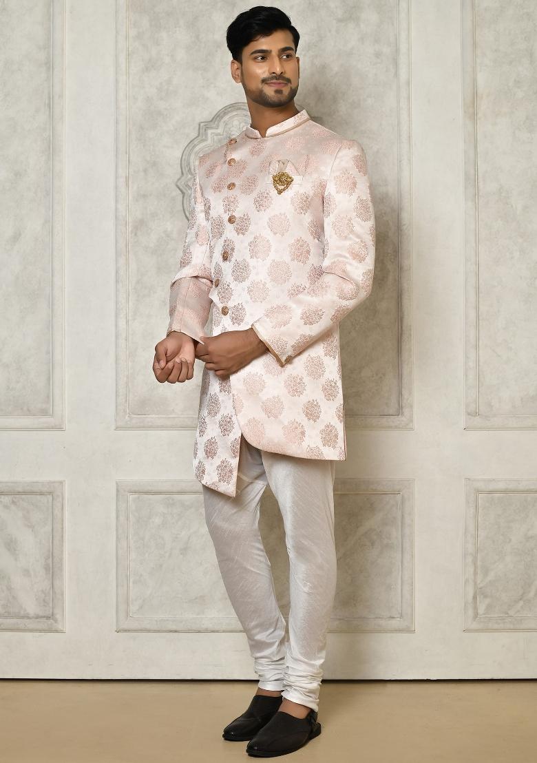 Rose Gold Embroidered Brocade Indo Western Sherwani Set For Men