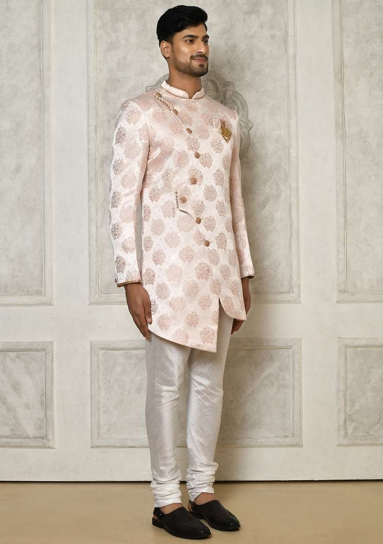 Rose Gold Embroidered Brocade Indo Western Sherwani Set For Men - Indya