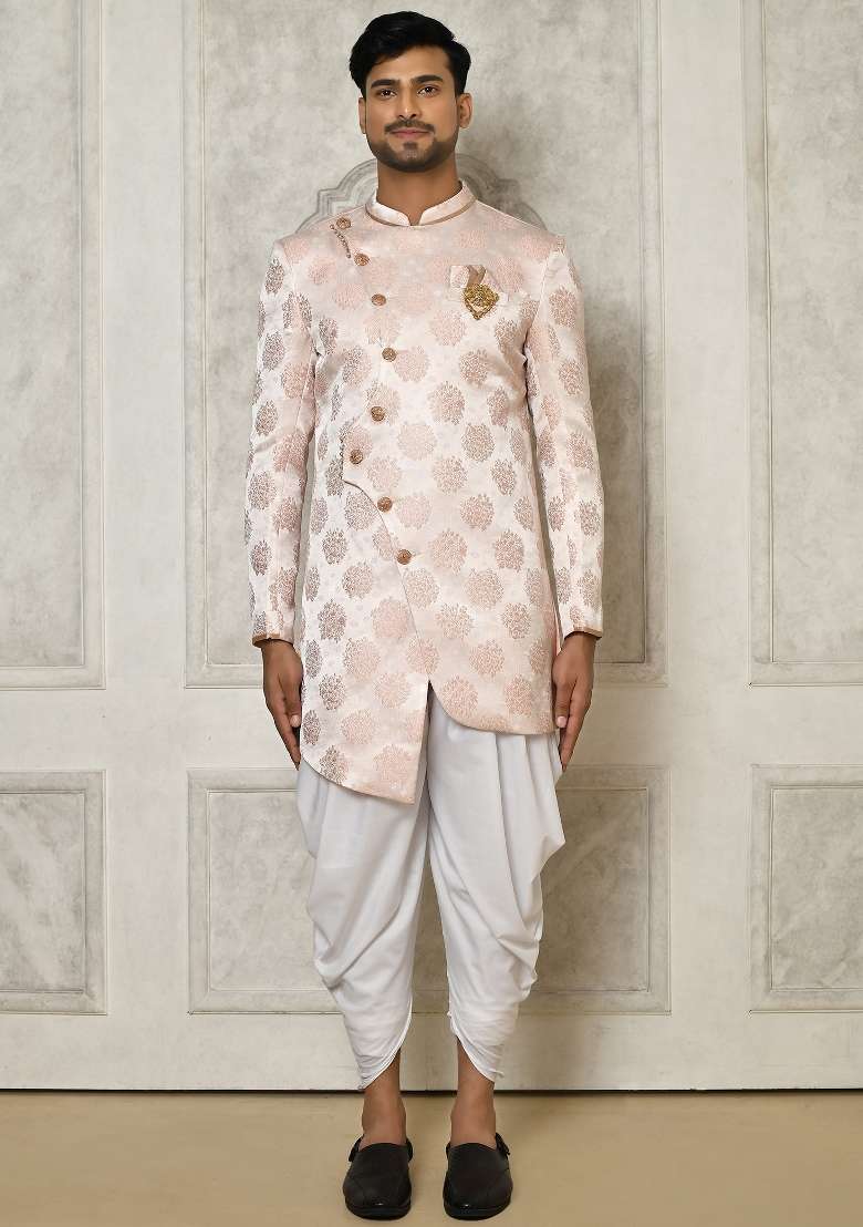 Rose Gold Embroidered Brocade Indo Western Sherwani Set For Men - Indya