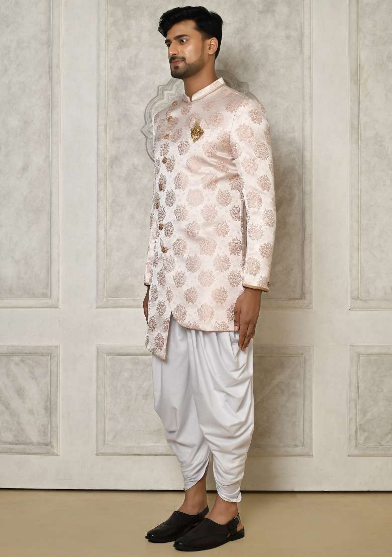 Rose Gold Embroidered Brocade Indo Western Sherwani Set For Men - Indya