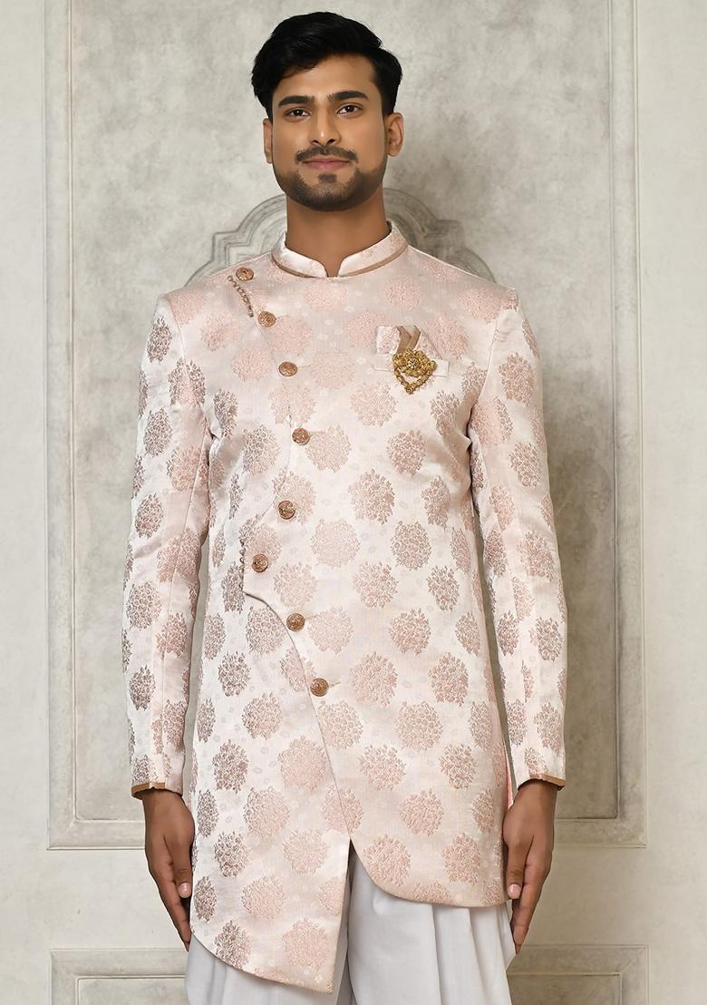 Rose Gold Embroidered Brocade Indo Western Sherwani Set For Men