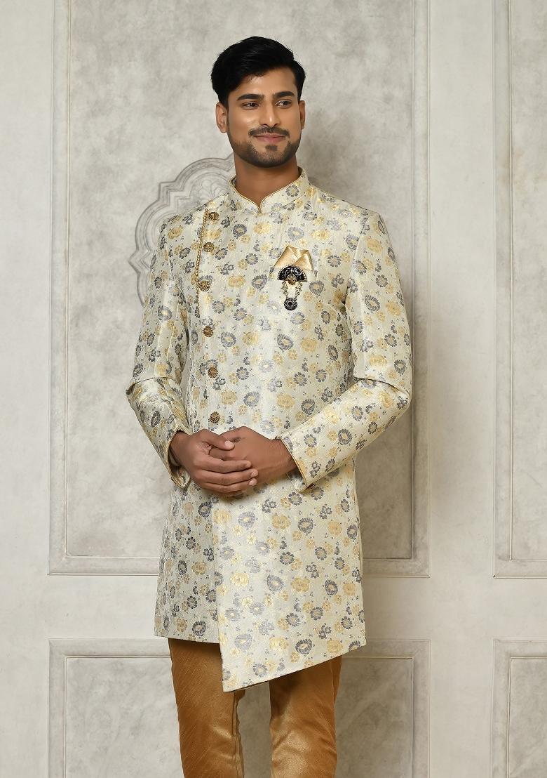 Grey Embroidered Brocade Indo Western Sherwani For Men
