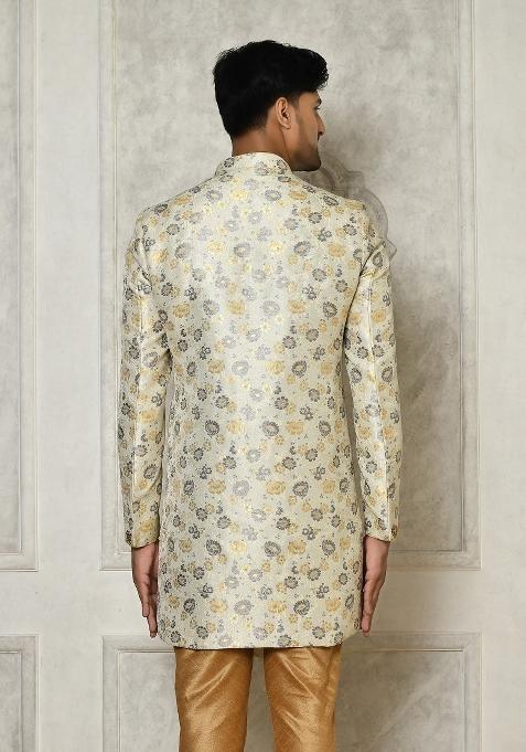 Grey Embroidered Brocade Indo Western Sherwani For Men