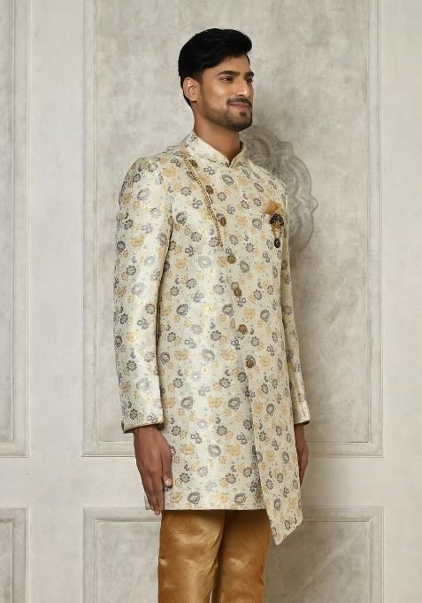Grey Embroidered Brocade Indo Western Sherwani For Men