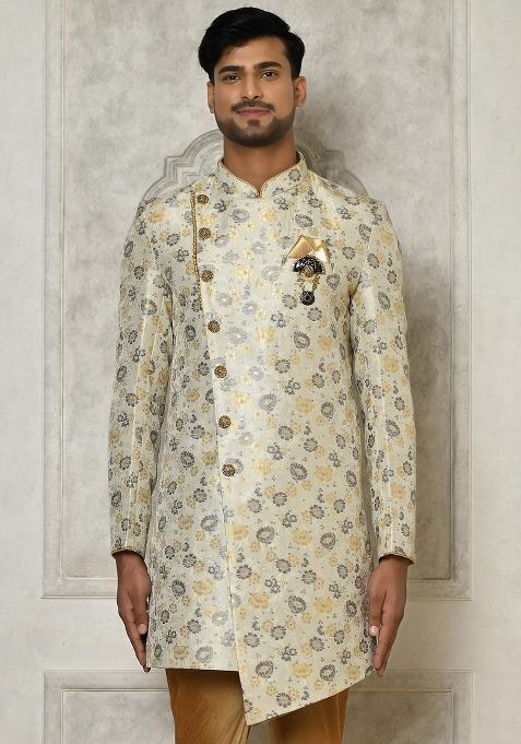 Grey Embroidered Brocade Indo Western Sherwani For Men