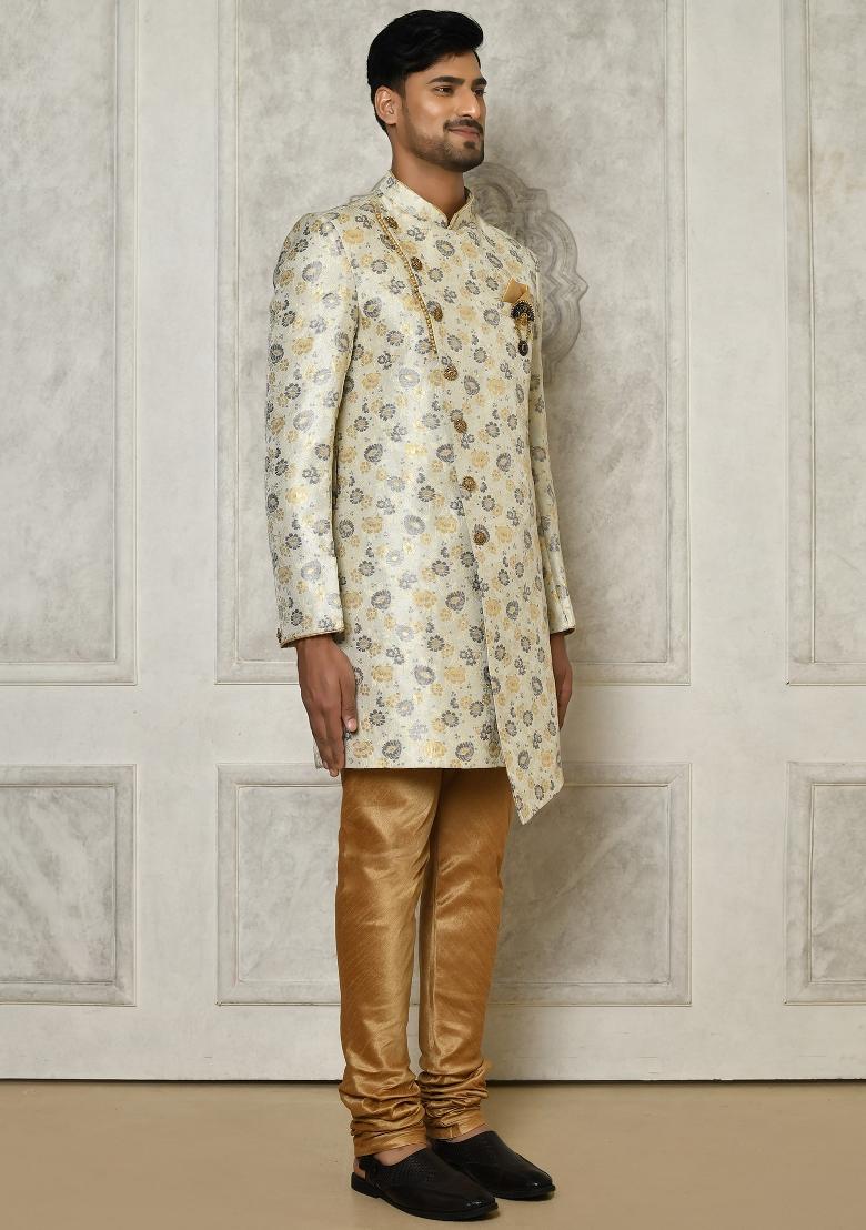 Grey Embroidered Brocade Indo Western Sherwani Set For Men