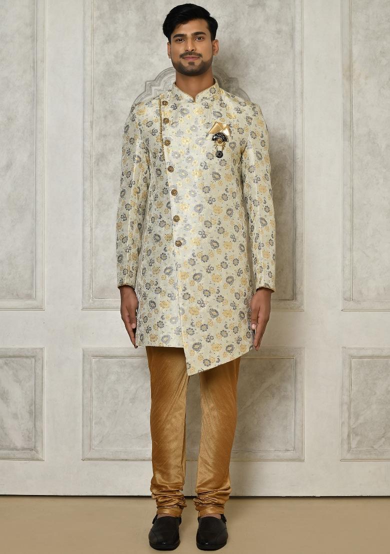 Grey Embroidered Brocade Indo Western Sherwani Set For Men