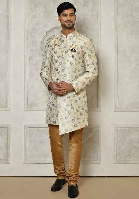 Grey Embroidered Brocade Indo Western Sherwani Set For Men